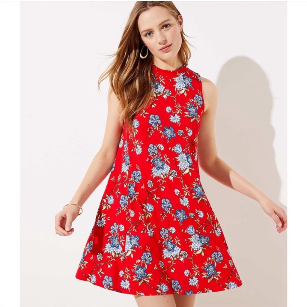 Loft Floral Vine Mock Neck Swing Dress